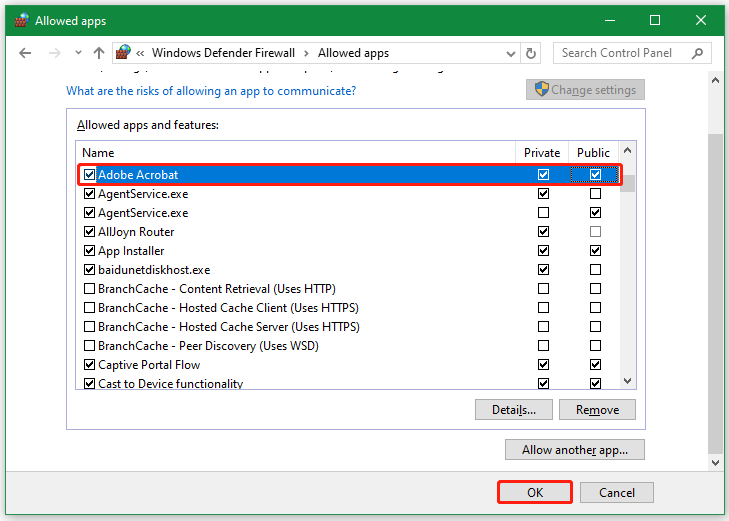 allow Adobe Acrobat through Windows Defender Firewall