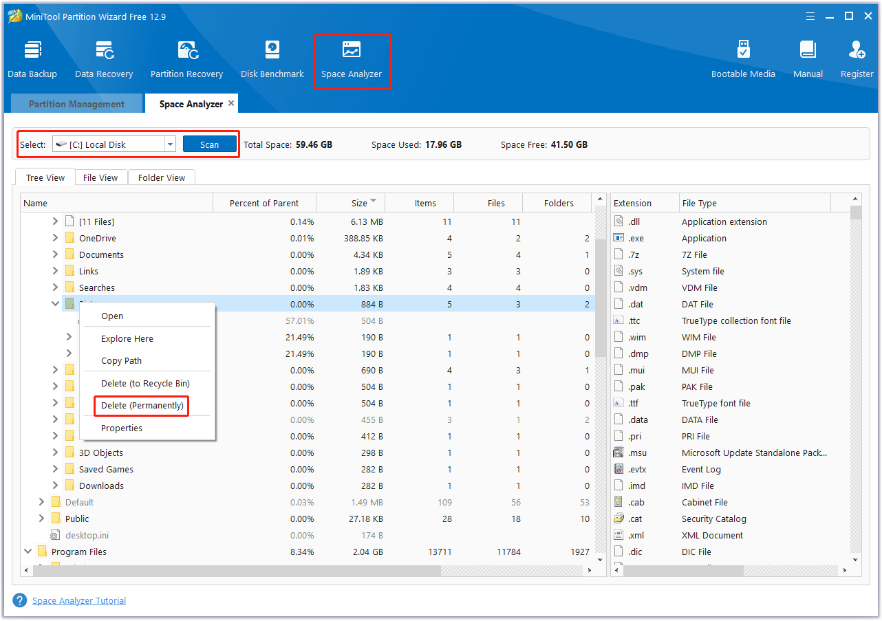 use Space Analyzer of MiniTool Partition Wizard to free up disk space