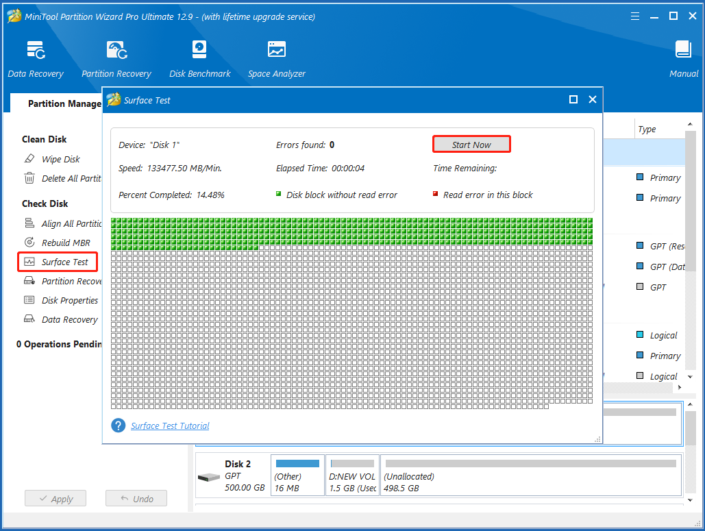 surface test using Partition Magic