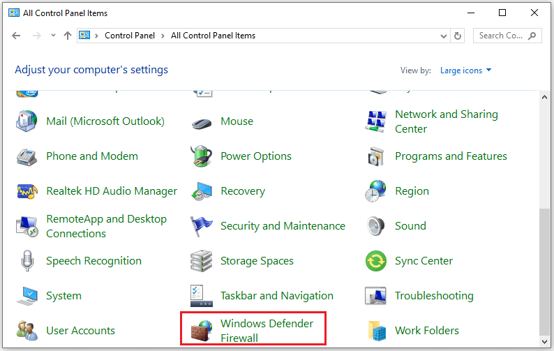 click Windows Defender Firewall