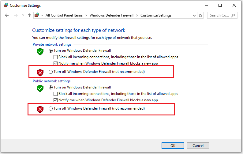 Turn off Windows Defender Firewall (not recommended)