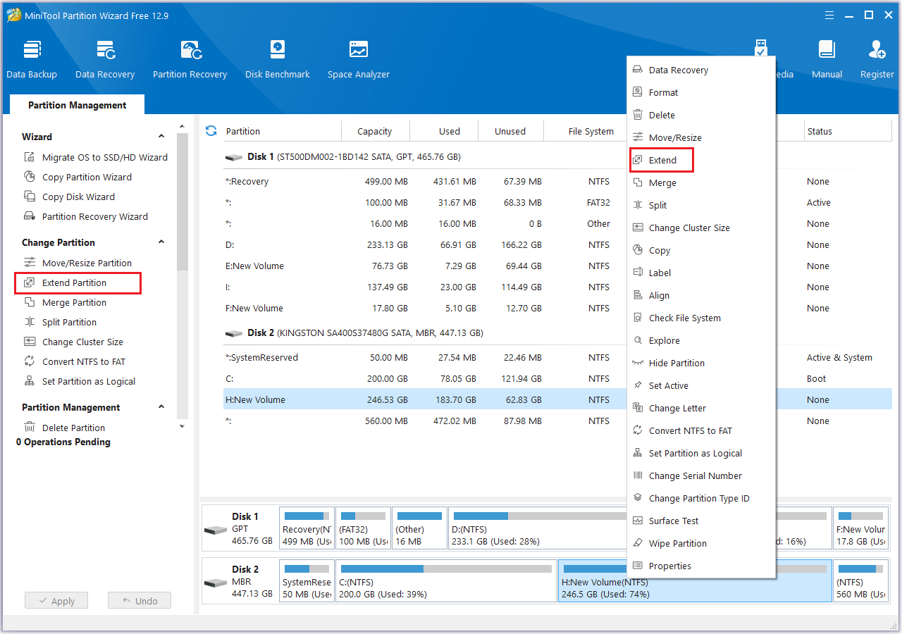 click Extend Partition in MiniTool Partition Wizard