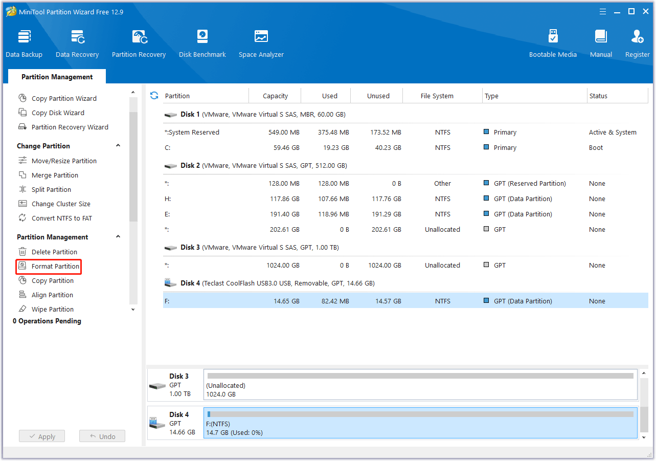 choose Format Partition in MiniTool Partition Wizard