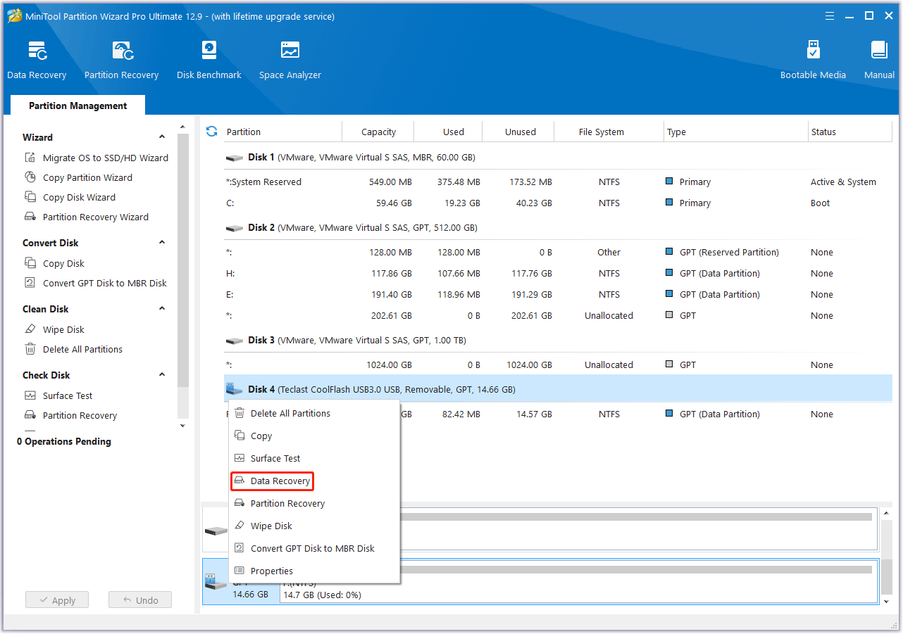 click Data Recovery for SD card in MiniTool Partition Wizard