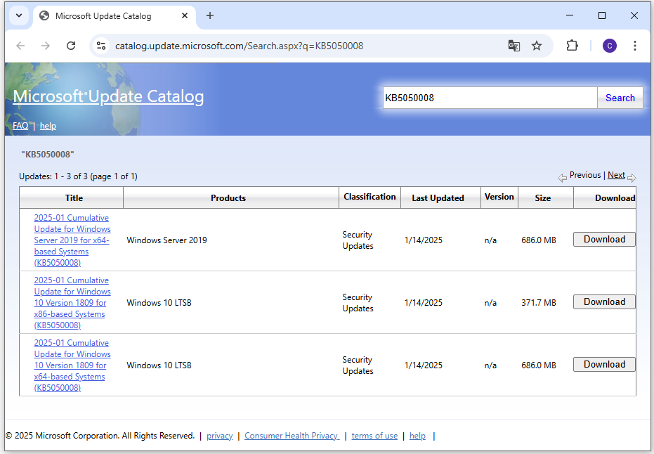 download and install KB5050008 via Microsoft Update Catalog