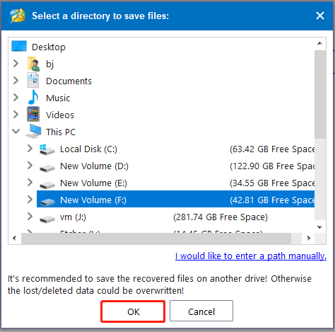 select a location to save files on Partition Magic