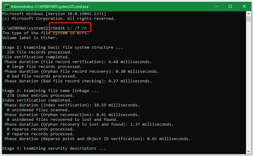 check USB drive using CHKDSK in CMD