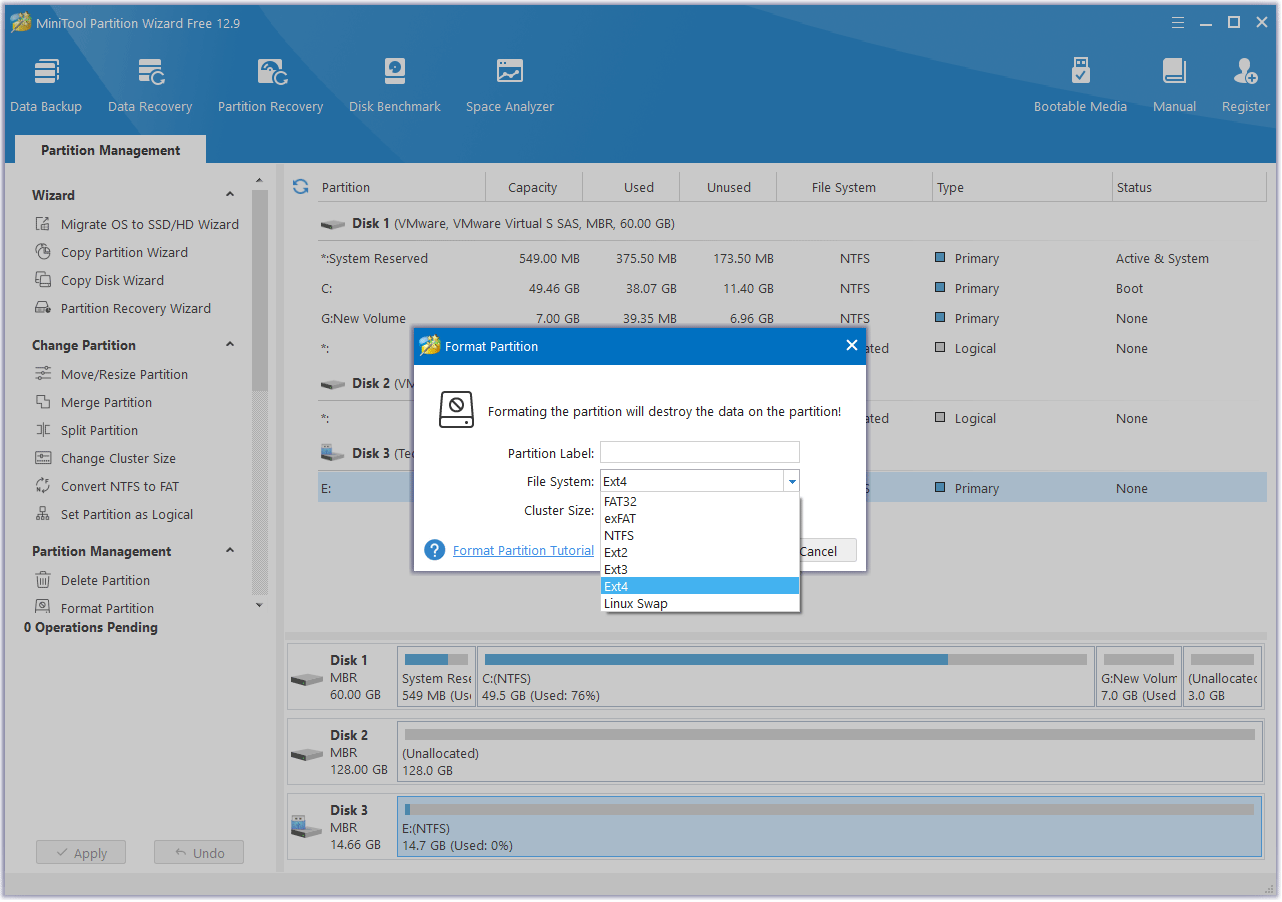 select EXT4 file system MiniTool Partition Wizard