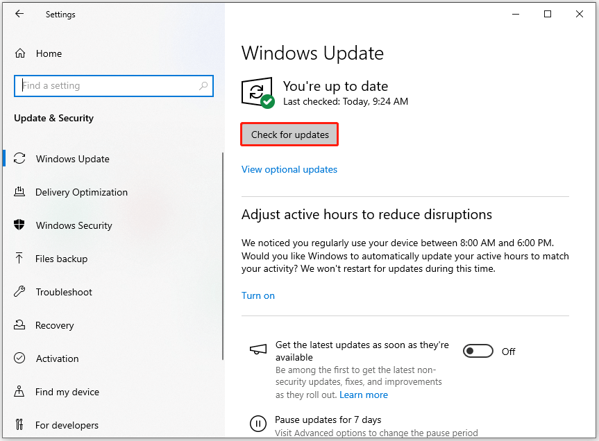 click Check for updates in the Settings window