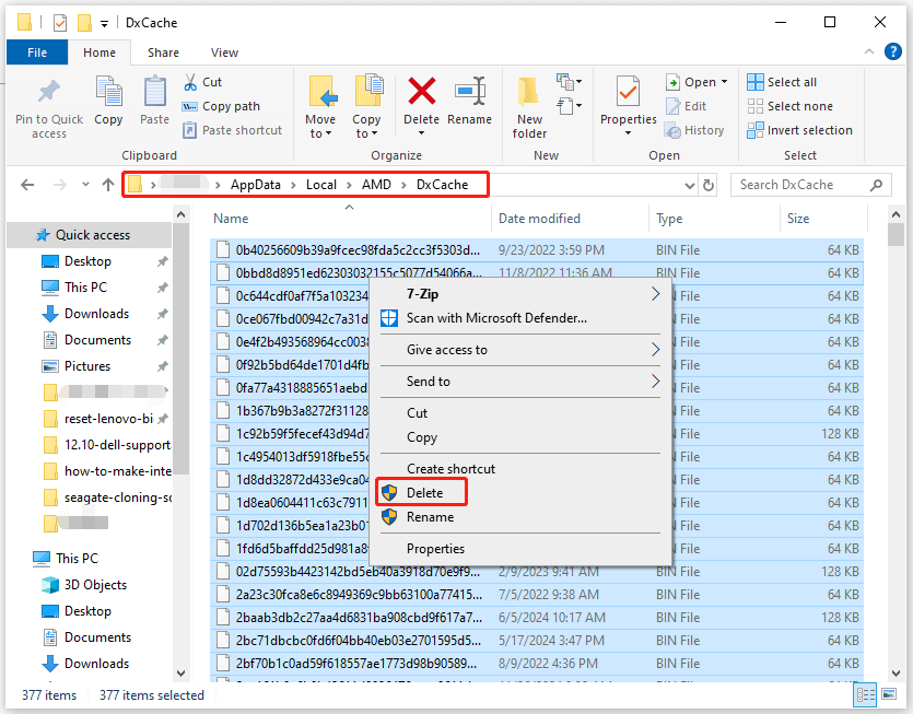 delete all content in DxCache