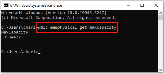 run CMD command to check a PC’s maximum RAM capacity