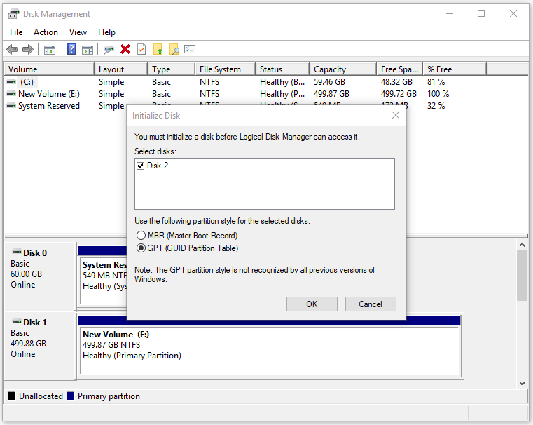 use Disk Management to initialize new SSD