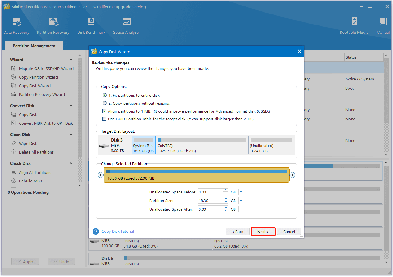 set Copy Options and adjust Target Disk Layout