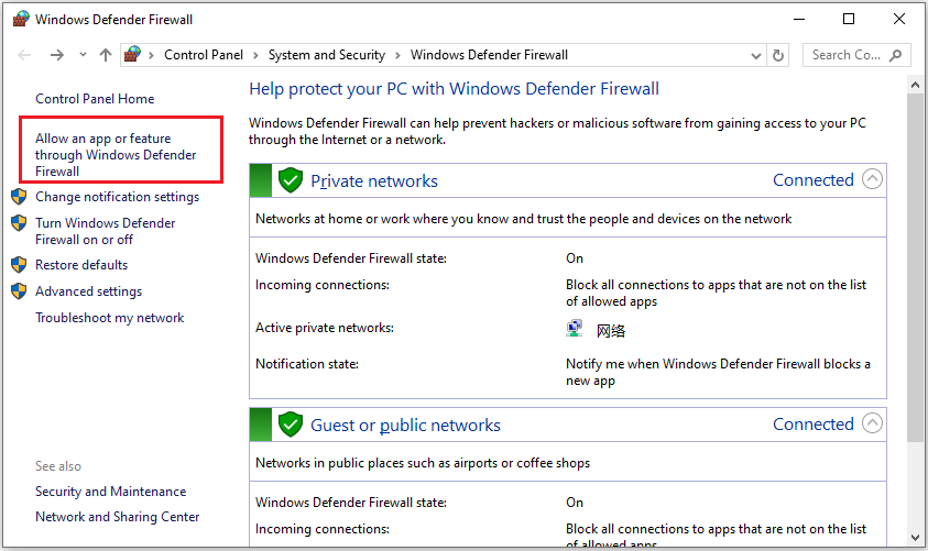 click Allow an app feature through Windows Defender Firewall