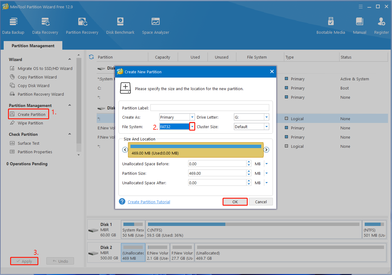 create a FAT32 partition using Partition Magic