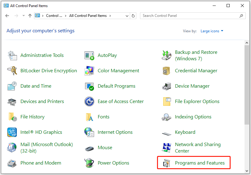 select Programs and Features in Control Panel