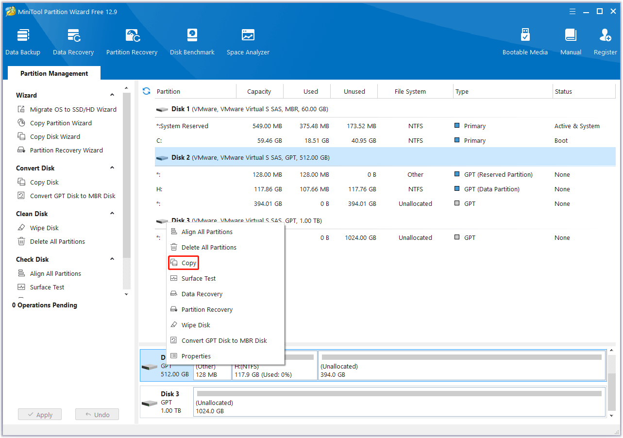 choose the original disk in MiniTool Partition Wizard