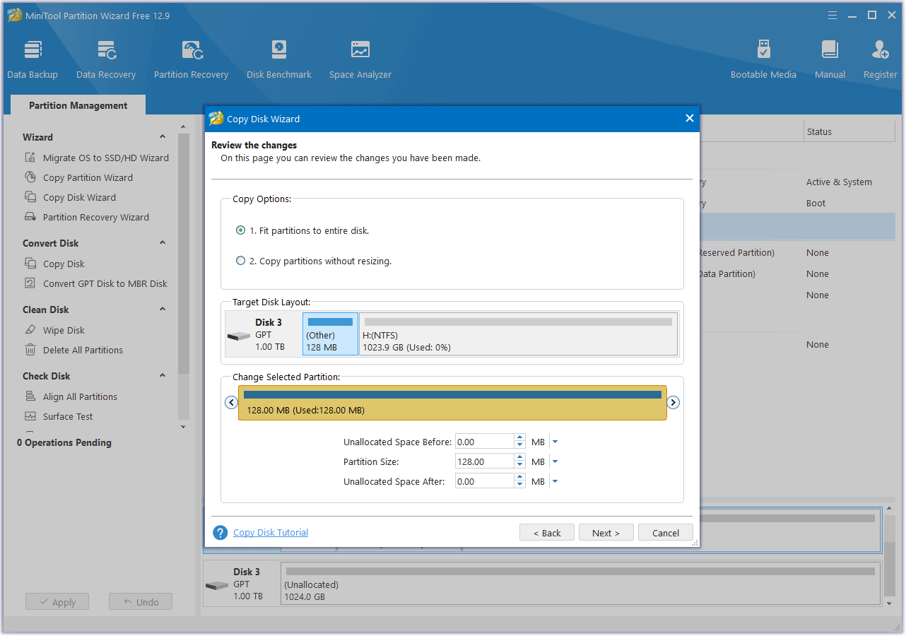 choose the copy methods in MiniTool Partition Wizard