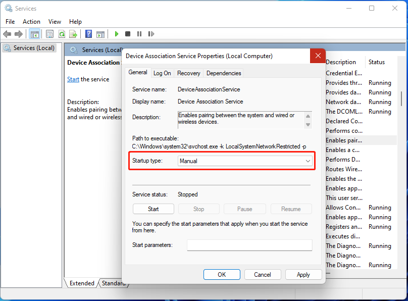 change the Startup type of Device Association Service to manual