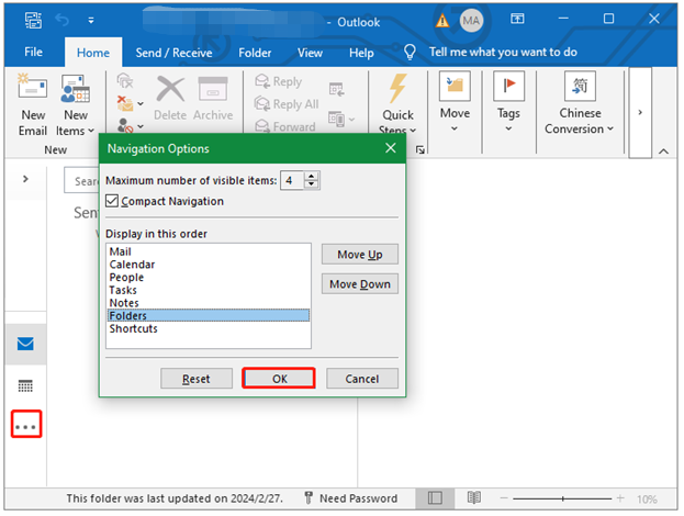 go to Folder List Navigation in Outlook