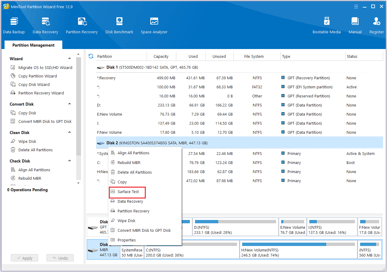 click Surface Test in MiniTool Partition Wizard