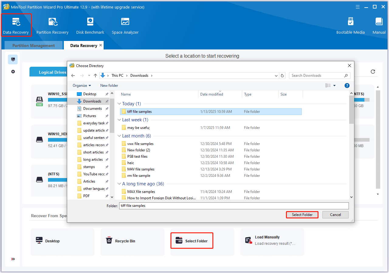 Select the folder to scan in MiniTool Partition Wizard