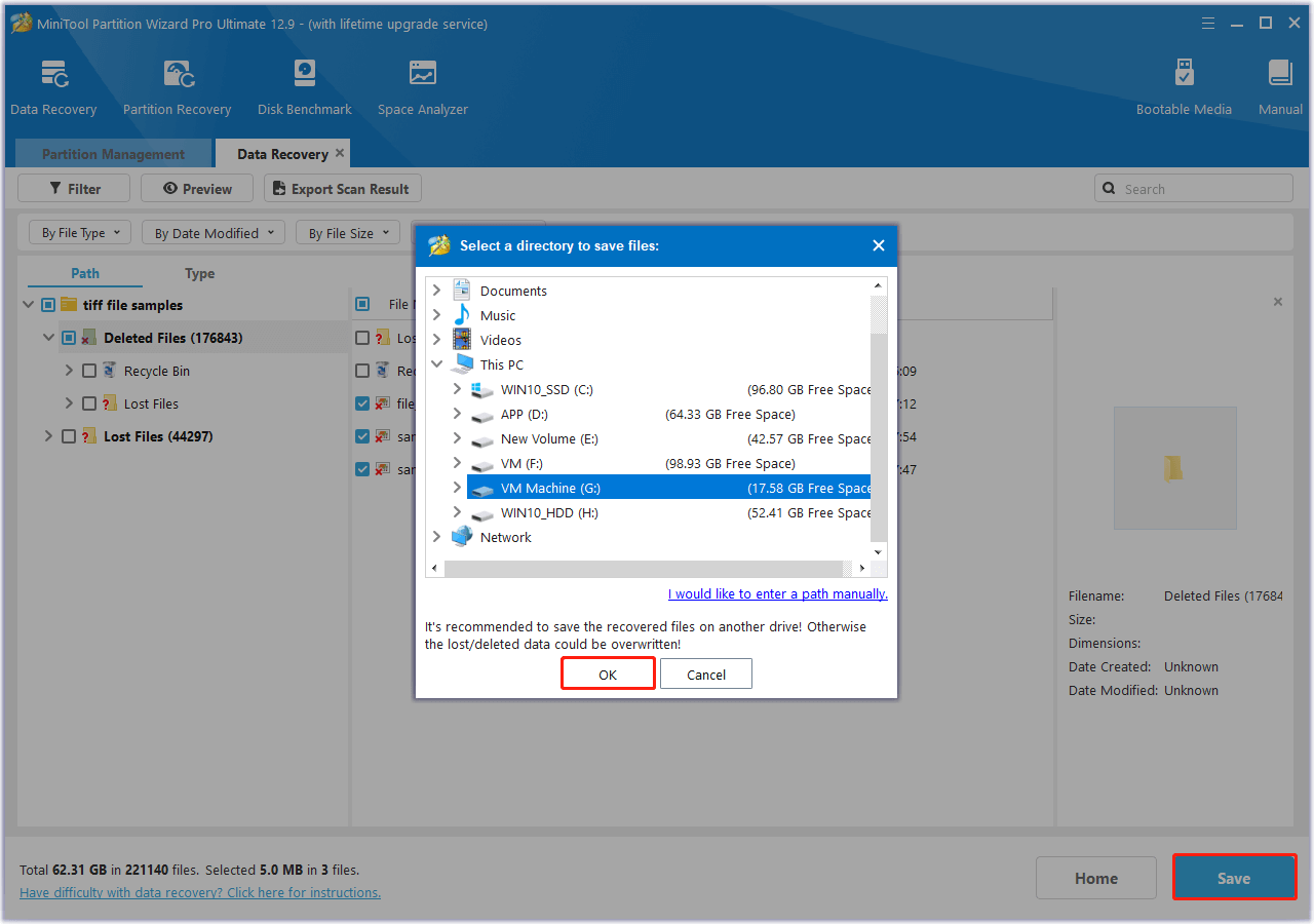 save the recovered files to a safe location