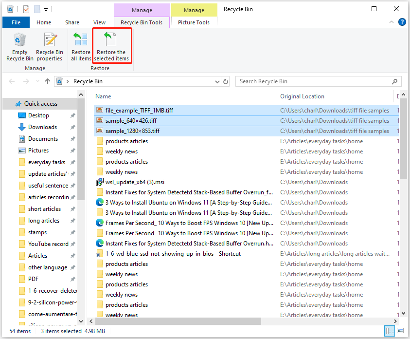 recover deleted TIFF files from Recycle Bin