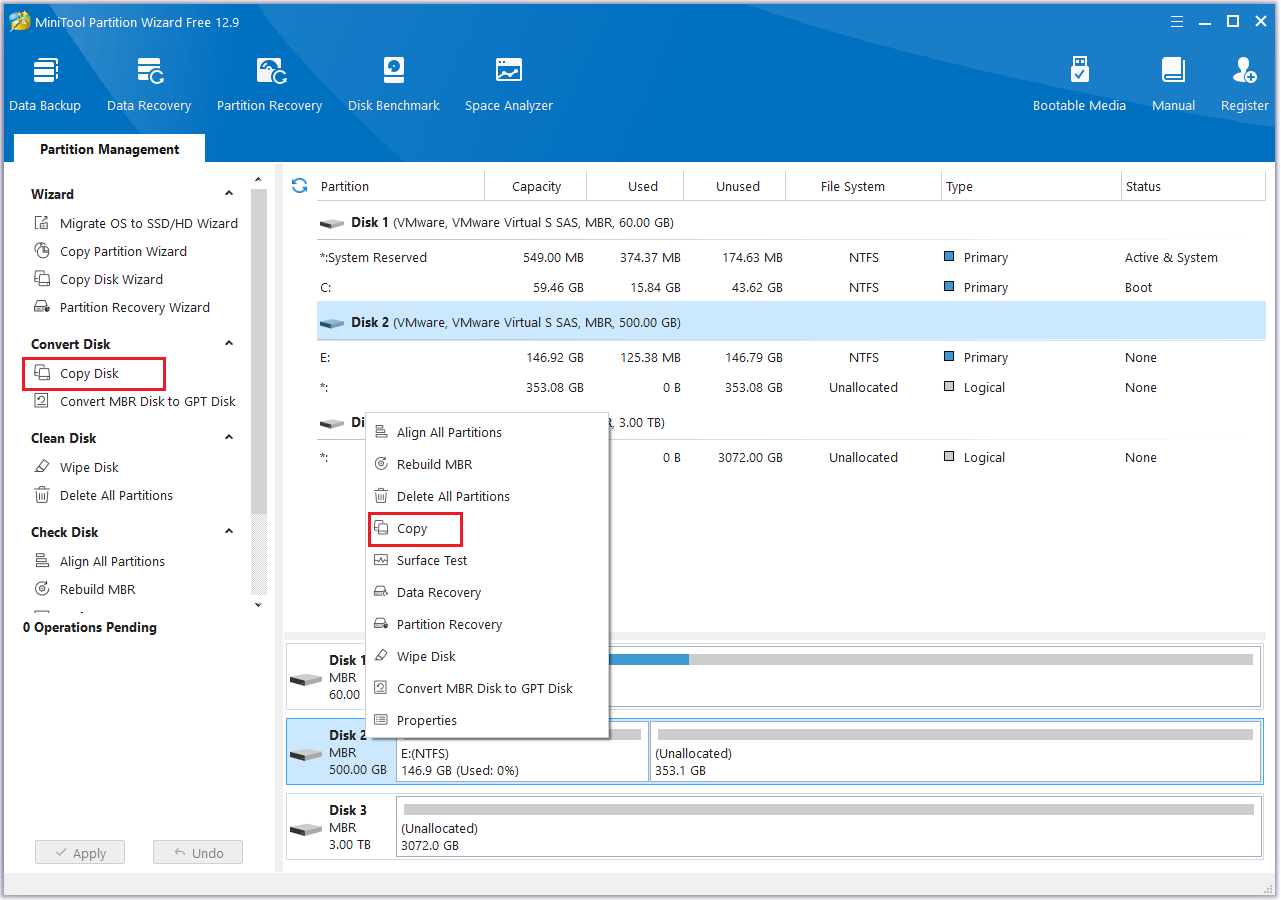 click Copy feature to clone a disk in MiniTool Partition Wizard