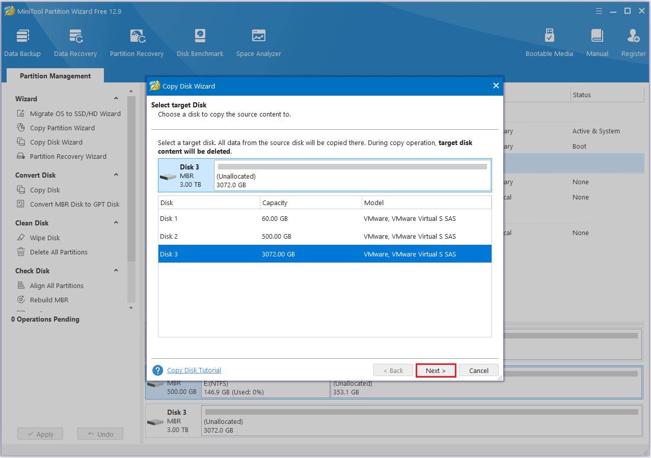 select a new disk in MiniTool Partition Wizard