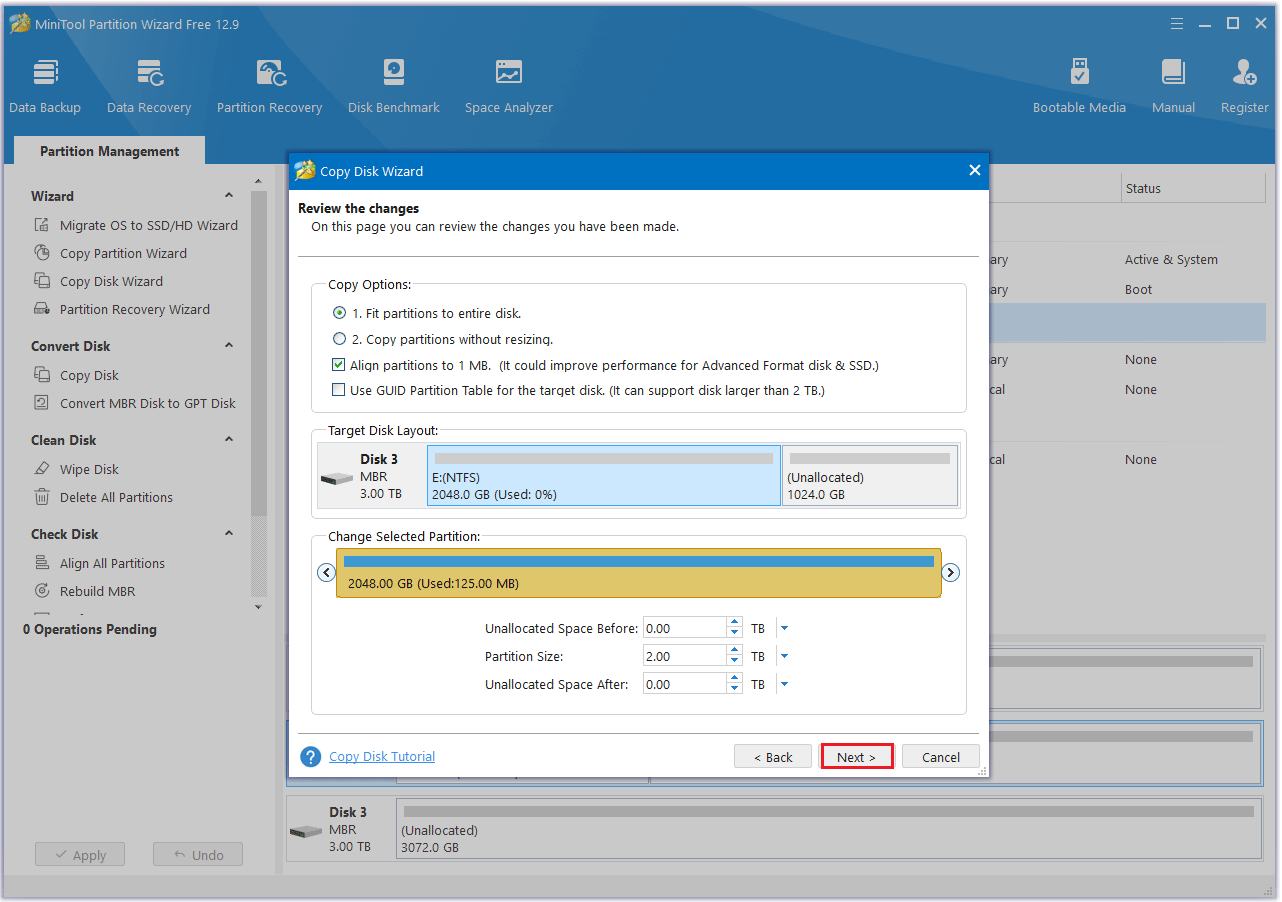 choose a copy option in MiniTool Partition Wizard