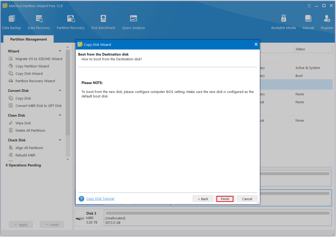 read boot note and click the Finish button in MiniTool Partition Wizard