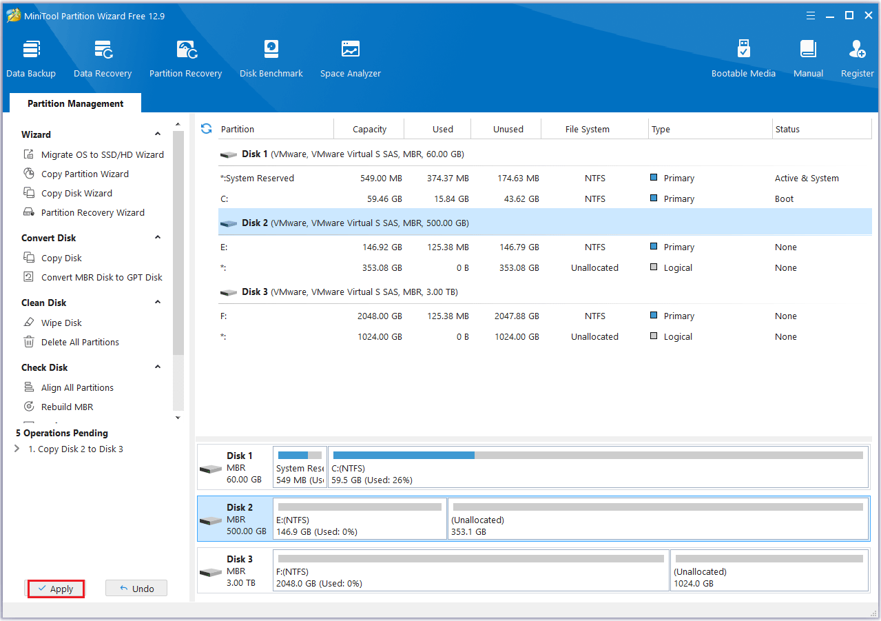 click Apply button to finish the clone progress in MiniTool Partition Wizard