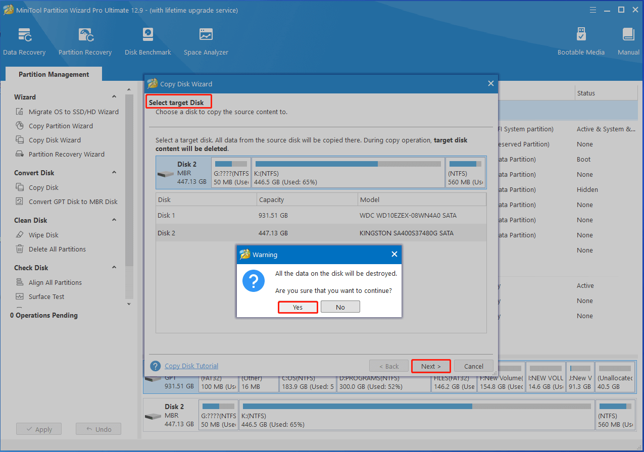 choose the destination disk and confirm the operation in Partition Magic