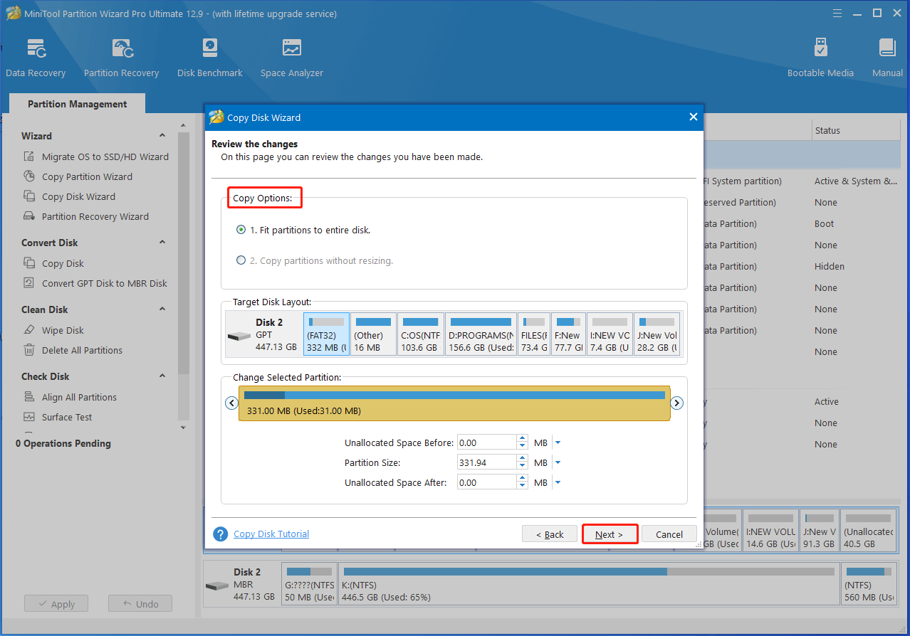 choose copy options in Partition Magic