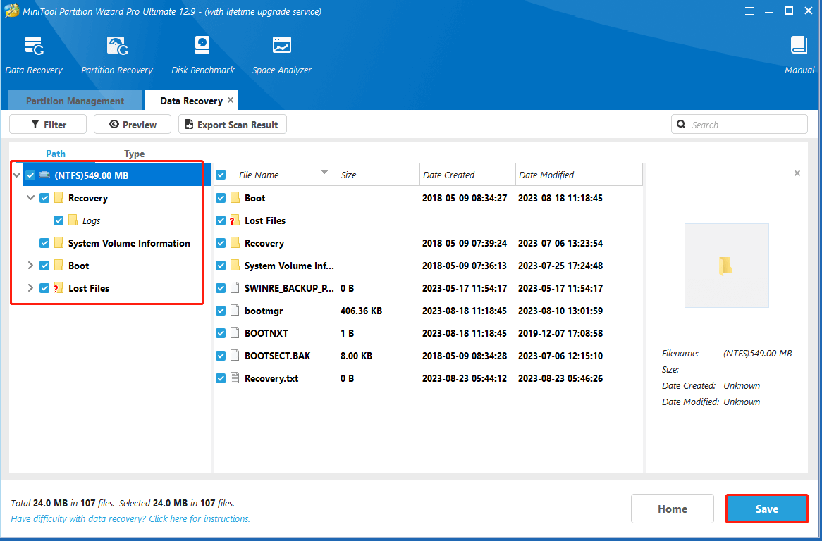 choose desired data and save it in Partition Magic