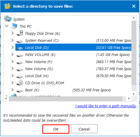 select a directory to save files in Partition Magic