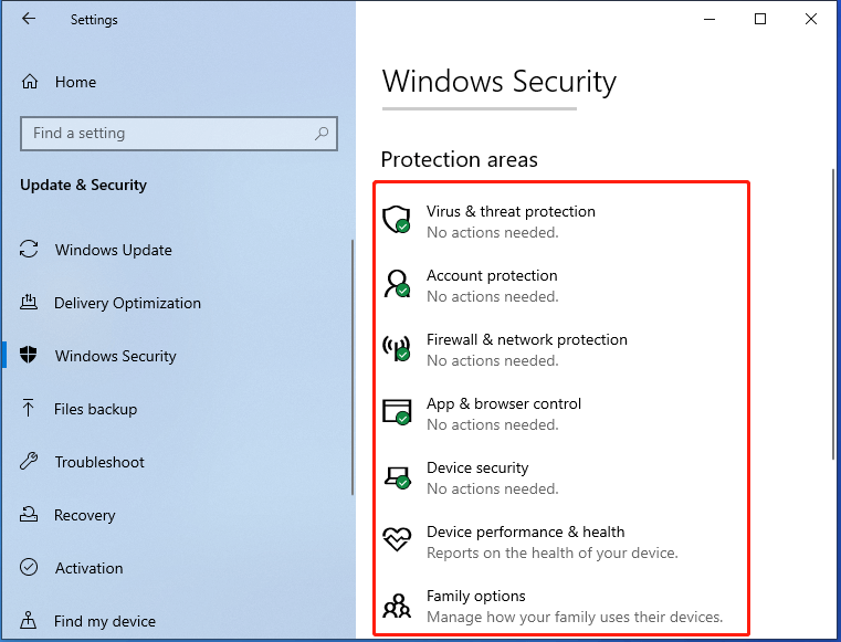 options in Windows Security