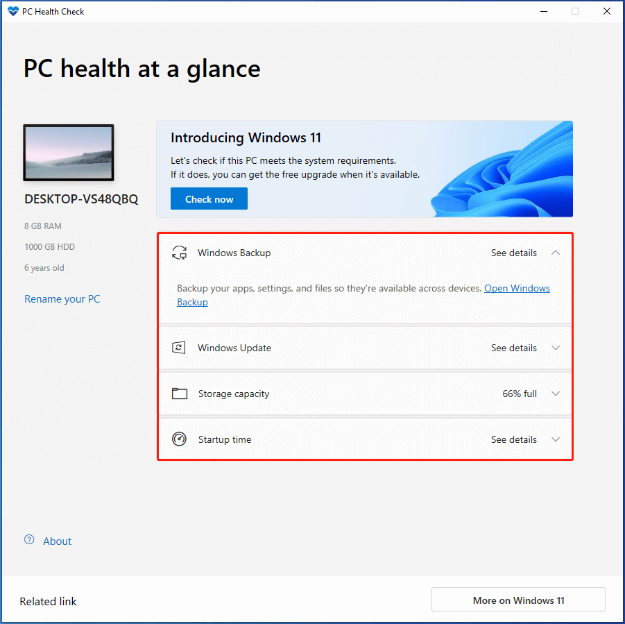 main interface of PC Health Check