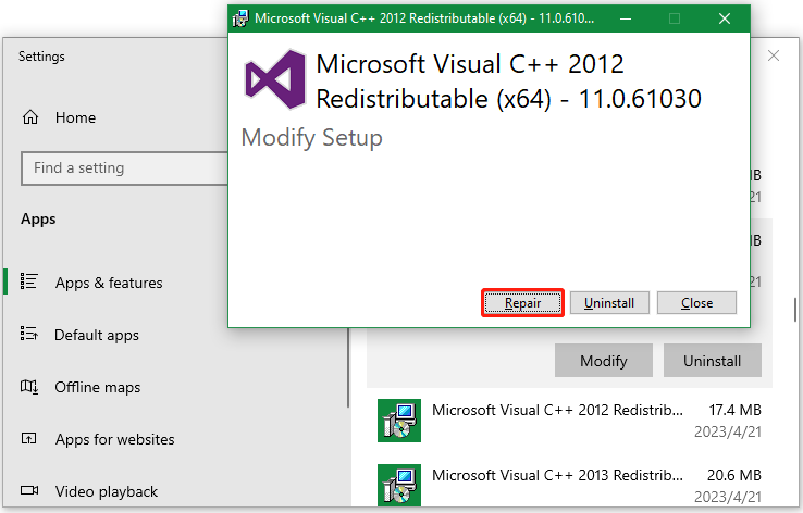 repair Visual C Redistributable