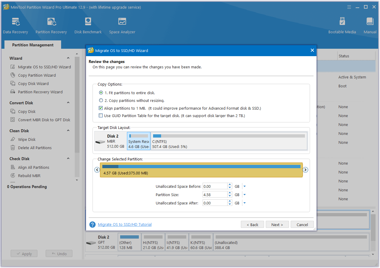 configure copy settings and disk layout