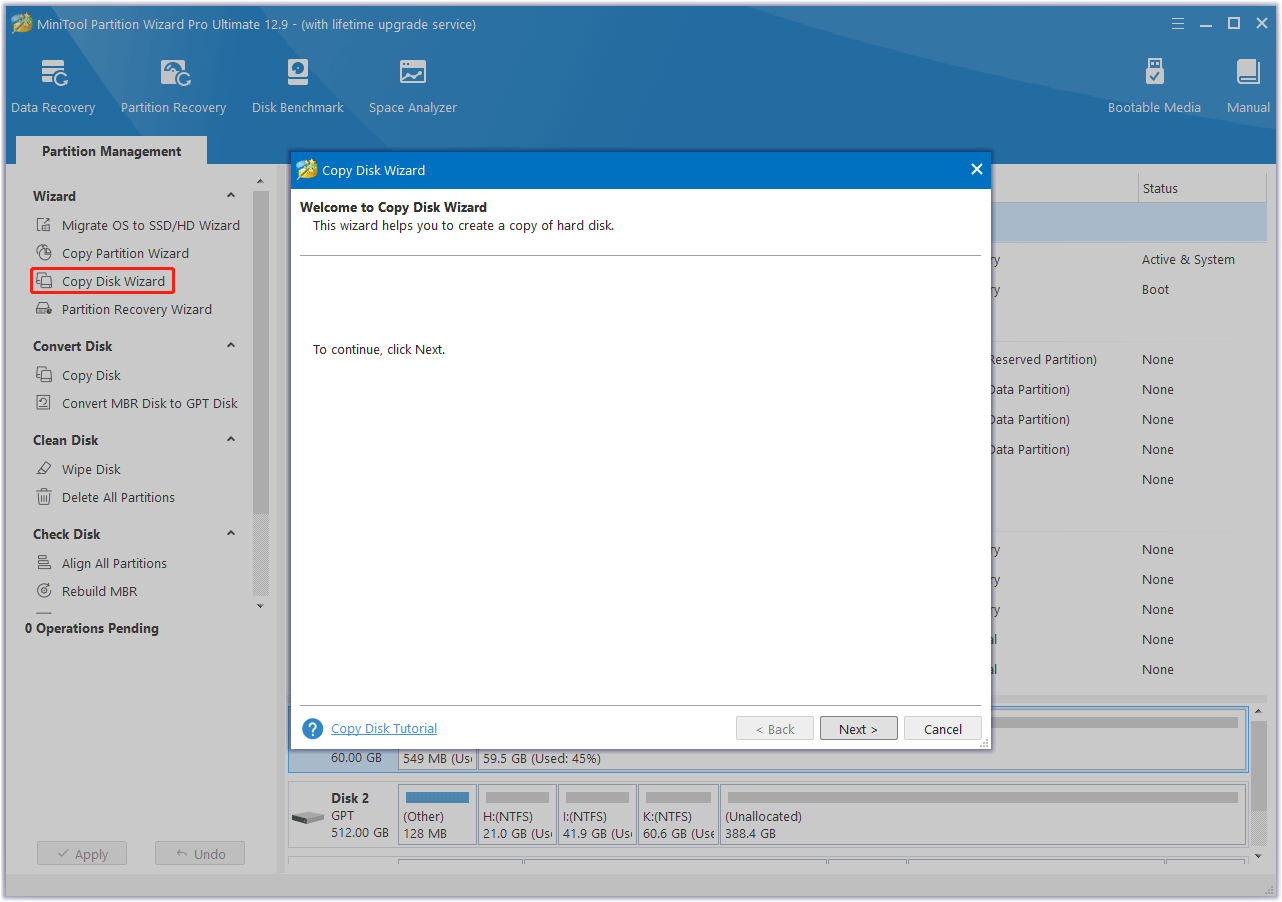 copy disk with MiniTool Partition Wizard