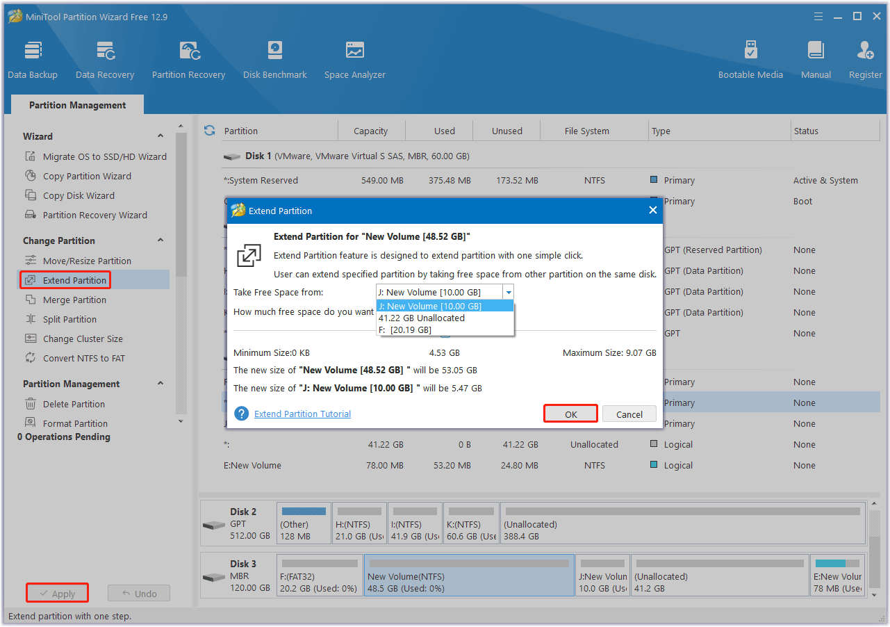 extend the partition with MiniTool Partition Wizard