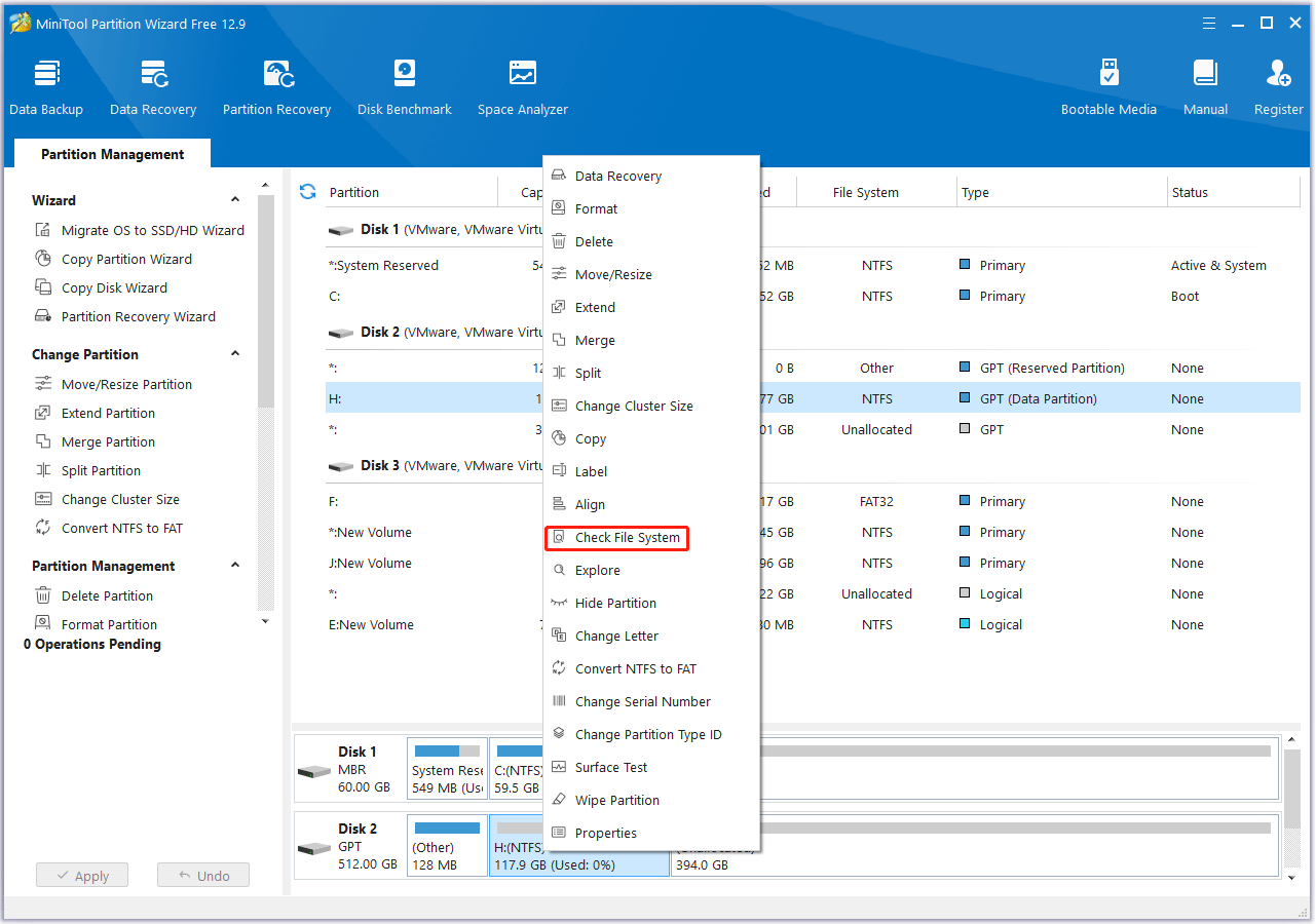 Select Check File System in MiniTool Partition Wizard