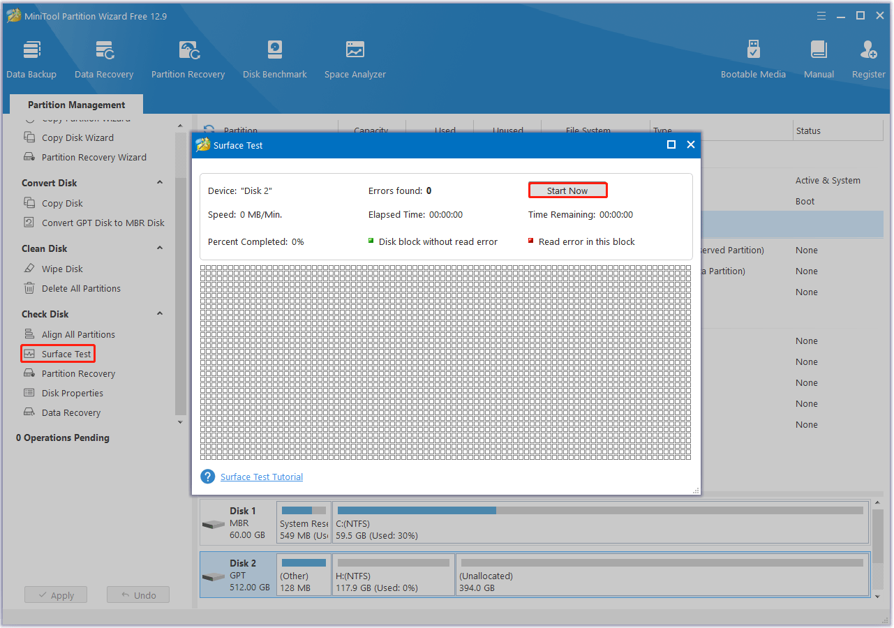 make a surface test on WD Blue SSD with MiniTool Partition Wizard