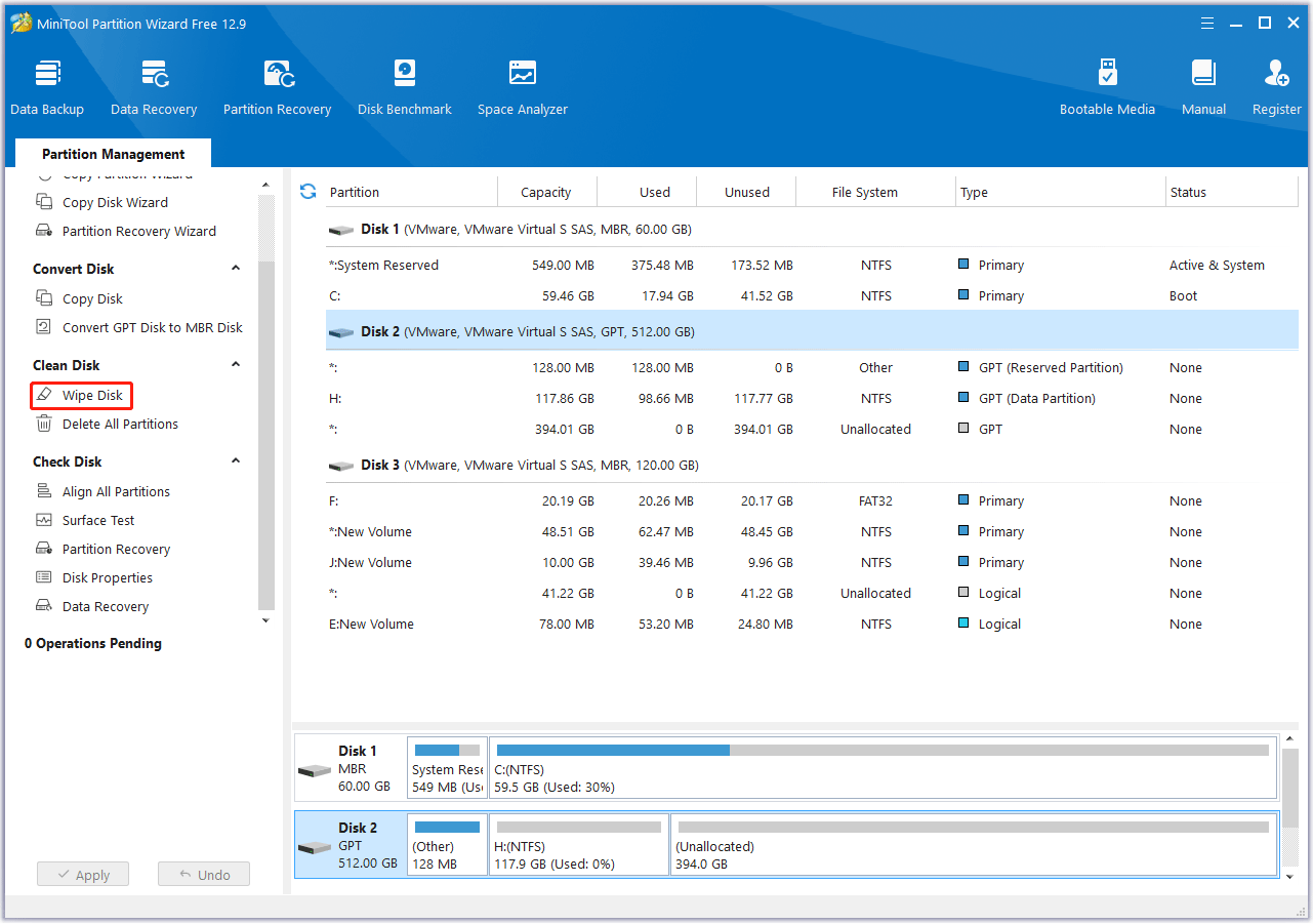 Click Wipe Disk in MiniTool Partition Wizard