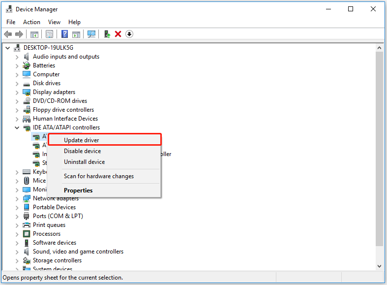 select Update driver in Device Manager window