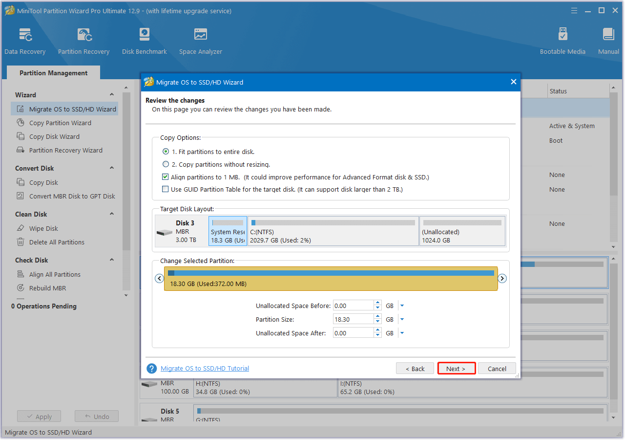 set Copy Options and adjust the layout of the target disk