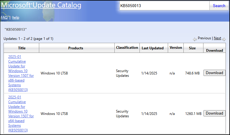 the KB5050013 download interface