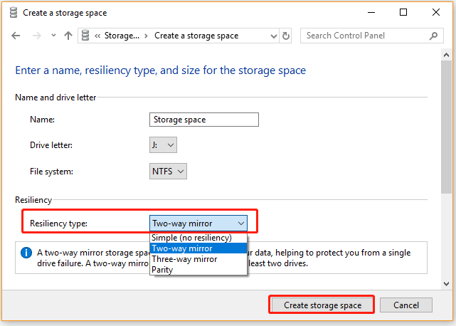 set up RAID using Storage Spaces